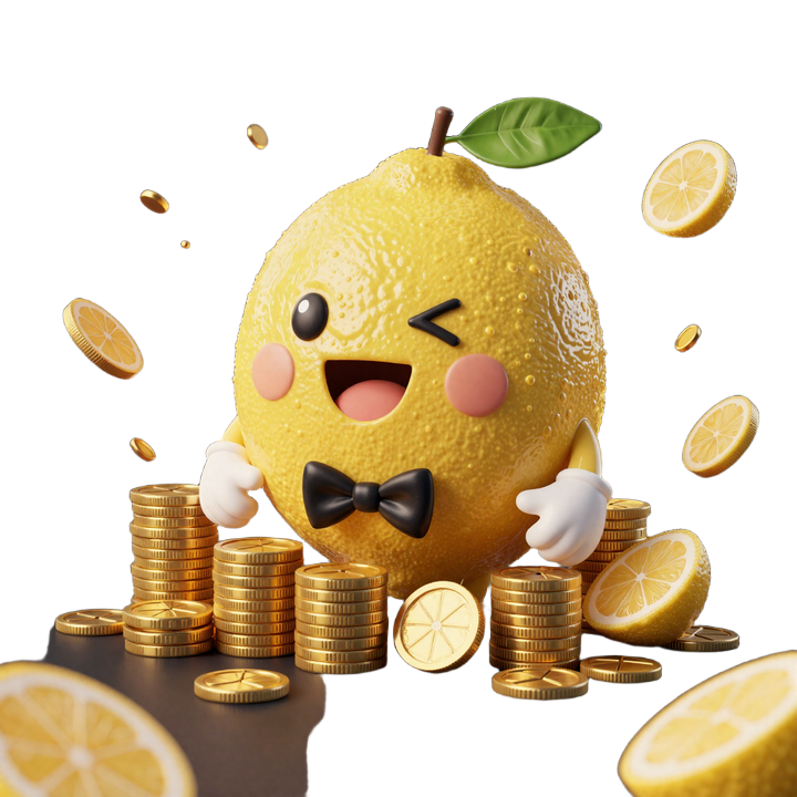 3D Lemon Casino Maskottchen mit goldenen M&uuml;nzen und gr&uuml;nem Blatt